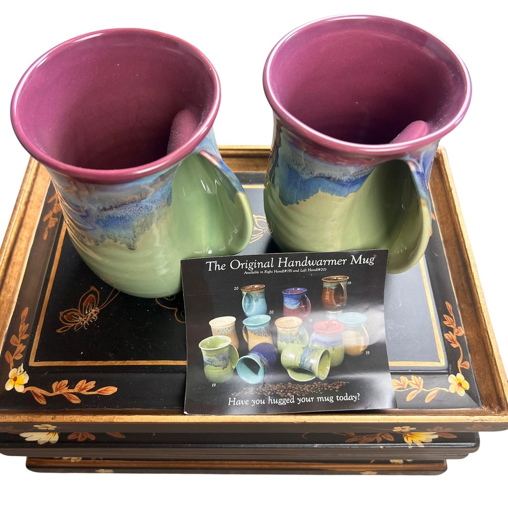 Clay in Motion The Original Handwarmer Mug Set Right & Left Hand Pottery 2pc